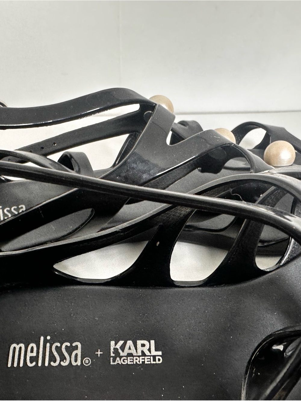 Melissa x Karl Langerfeld Black Strappy Sandals with Pearl Accents - Picture 10 of 10